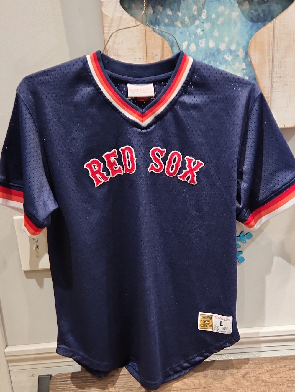 EUC Mitchell & Ness Navy Red Sox Kids Jersey w/Red & White Trim SZ L (14/16)